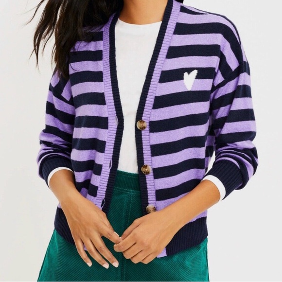 LOFT Sweaters - Loft Womens Cardigan Sweater Sz M Purple Stripe Heart Modern Spring Academia